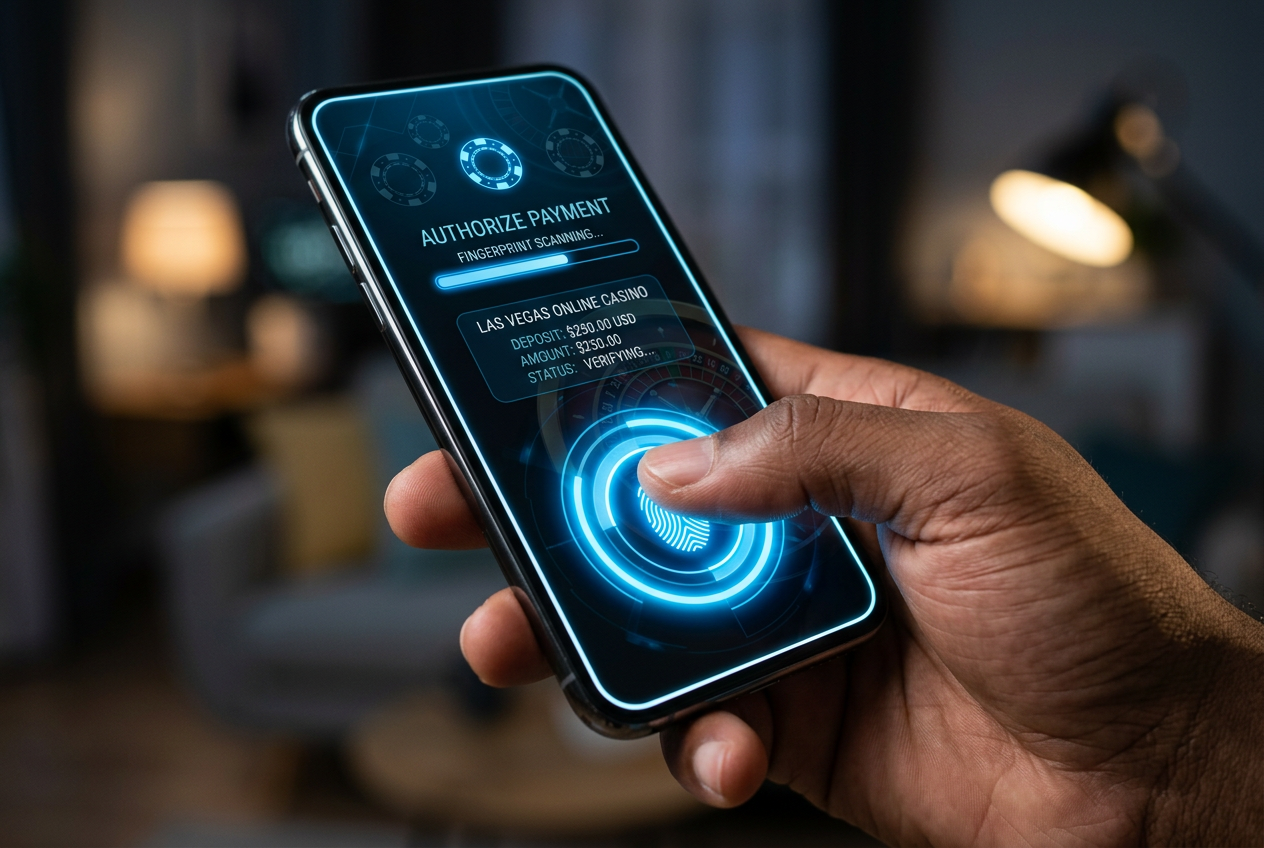 Osoba korzystająca z biometrii w smartfonie do autoryzacji płatności w kasynie online