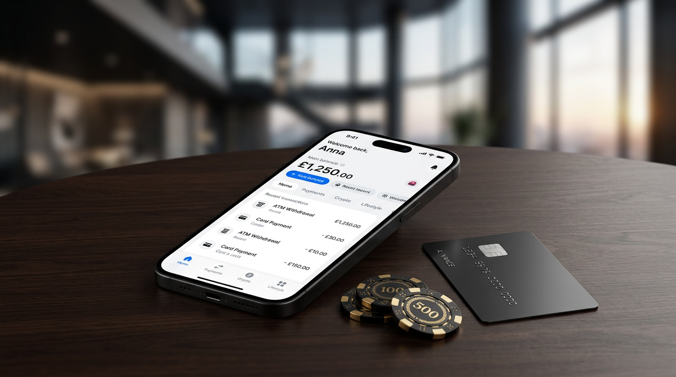 Smartfon z aplikacją Revolut obok luksusowych żetonów kasynowych i karty płatniczej