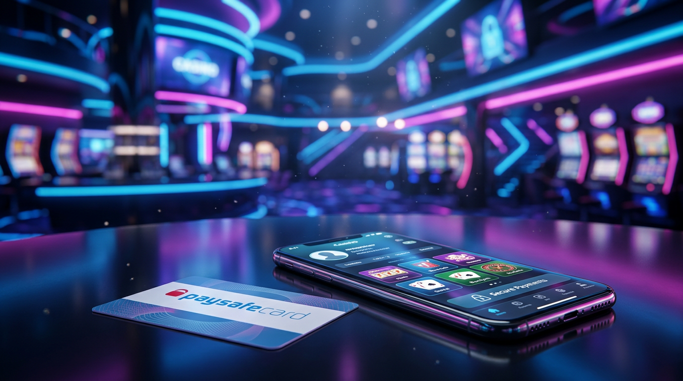 Paysafecard voucher next to a mobile phone with a casino app interface