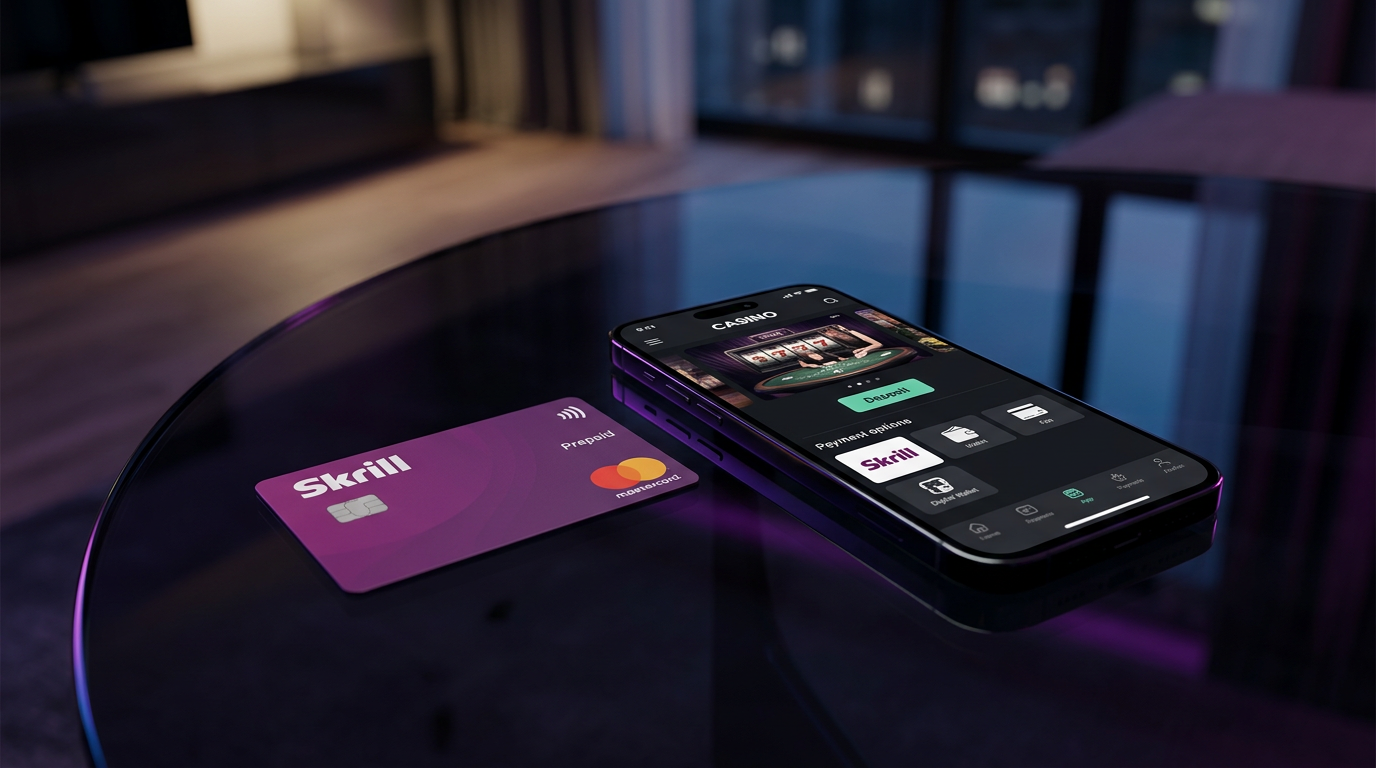 Skrill Mastercard i smartfon z aplikacją kasynową na nowoczesnym biurku