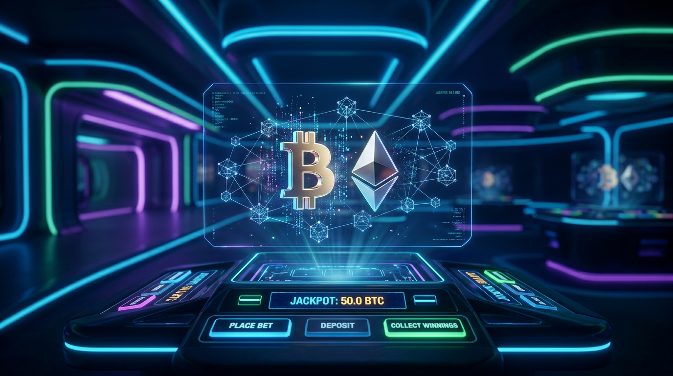 Nowoczesne krypto kasyno z elementami technologii blockchain i symbolami kryptowalut