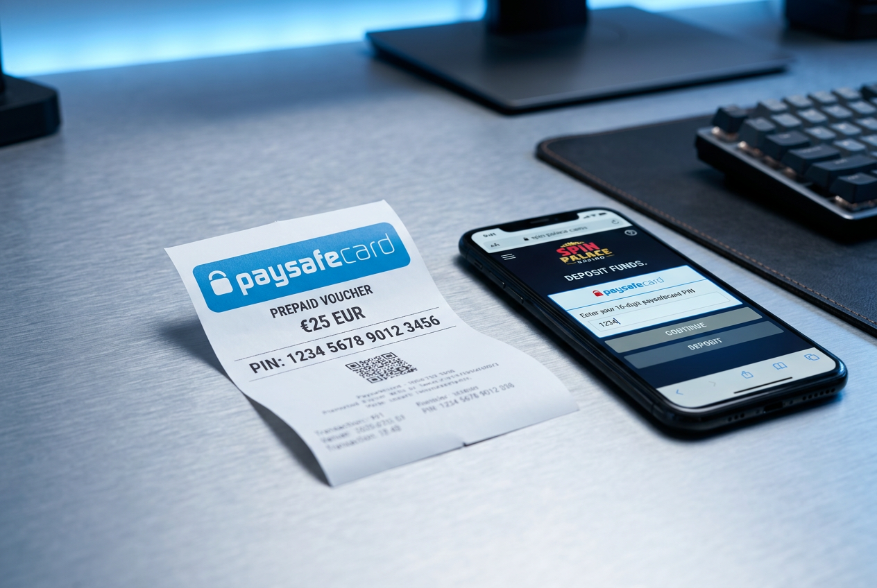 Logotyp Paysafecard i fizyczna karta z kodem PIN przy smartfonie