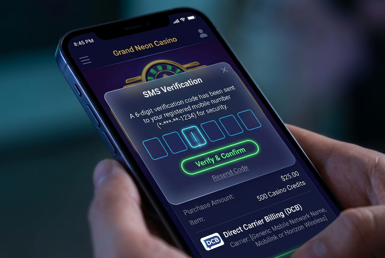 Interfejs smartfona pokazujący autoryzację płatności DCB w kasynie online